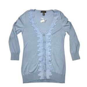 Cable & Gauge Cardigan Womens L Blue Ruffle Front Lightweight V Neck Sweater NWT